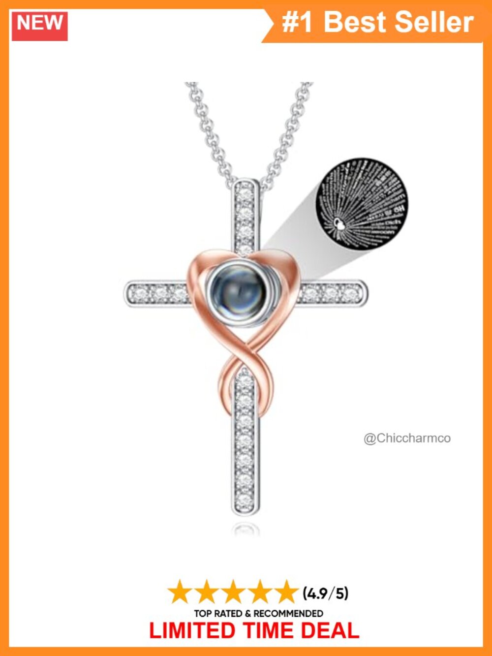 18k White Gold Plated Silver Infinity Cross Necklace 100 Languages I Love You